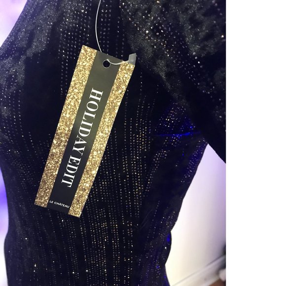 Le Chateau Black Gold Velvet Velour Metallic Evening Cocktail Bodycon Dress NWT - Picture 2 of 10